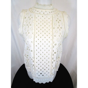 James Coviello Ivory Sleeveless Eyelet Lace Mock Neck Top Women Sz M